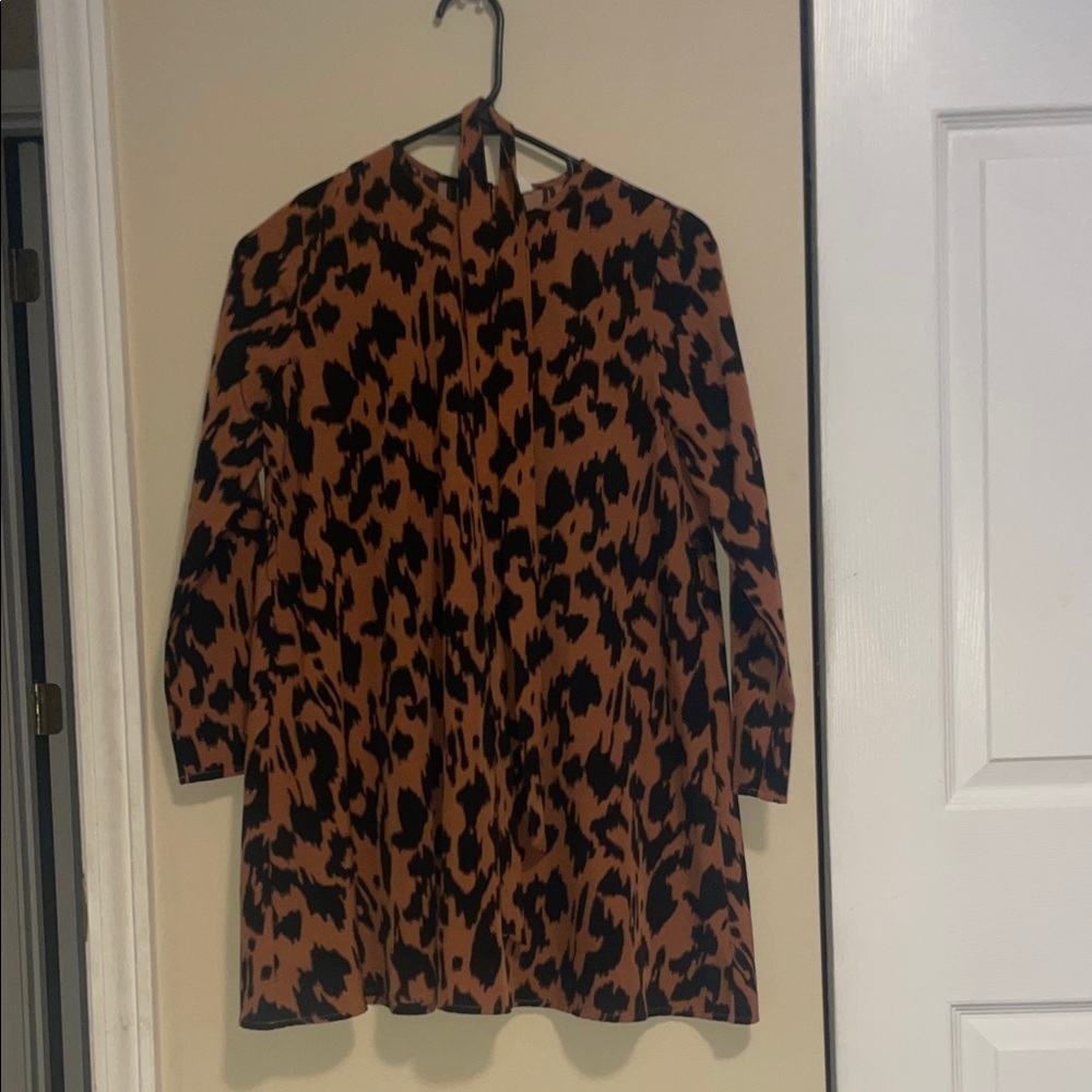 SHEIN Black and Brown Animal Print Long Sleeve Dress